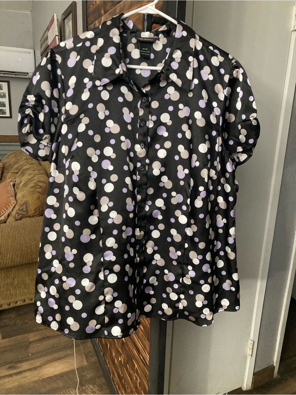 Lane Bryant Black Polka Dot Blouse with Lavender & White Spots
